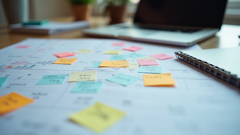 Close-up view of a project plan with sticky notes and a laptop on a desk