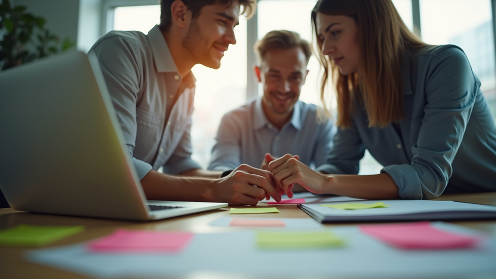 Close-up of a team collaborating around a laptop with sticky notes