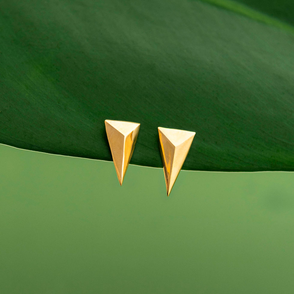 Brinco Triângulo Geométrico Liso Banhado a Ouro 18k pendurado em folha verde