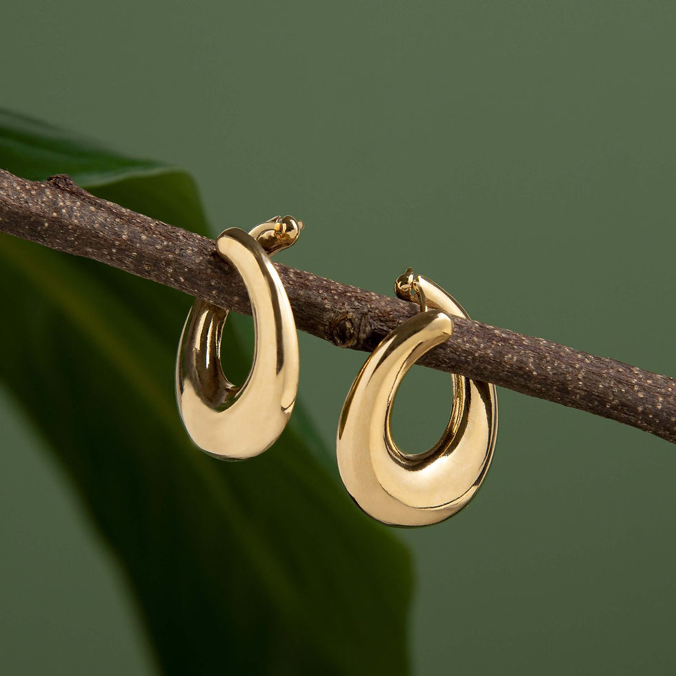 Brinco Argola de Clique Oval Banhado a Ouro 18k pendurado em galho de árvore