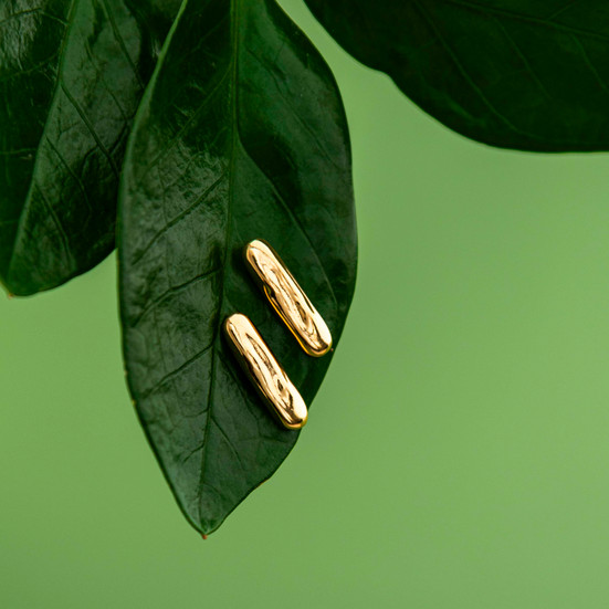 Brinco Palito Orgânico Minimalista Banhado a Ouro 18k sobre folha verde