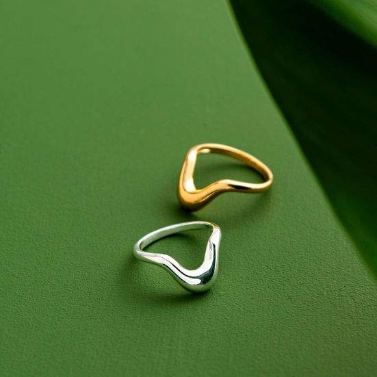 Anel Onda Liso Banhado a Ouro 18k e Anel Onda Liso Banhado a prata em cenário verde