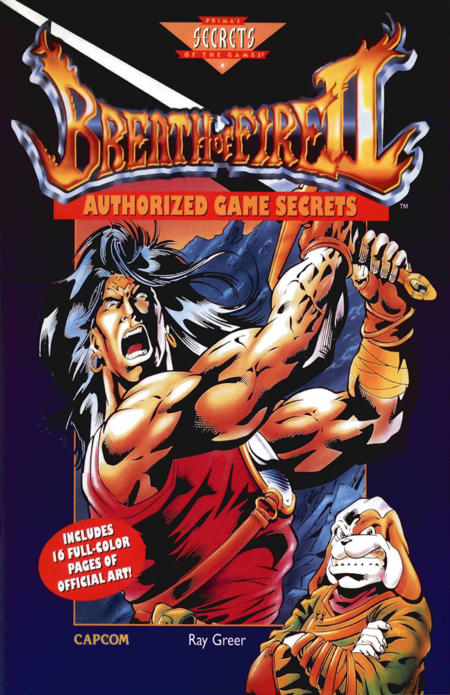 Book cover for the Prima Games' Official Strategy Guide for "Breath of Fire II" featuring the title and logo in large red flaming letters, over the cover image of the game box, featuring the main player character Ryu in the front of the frame.