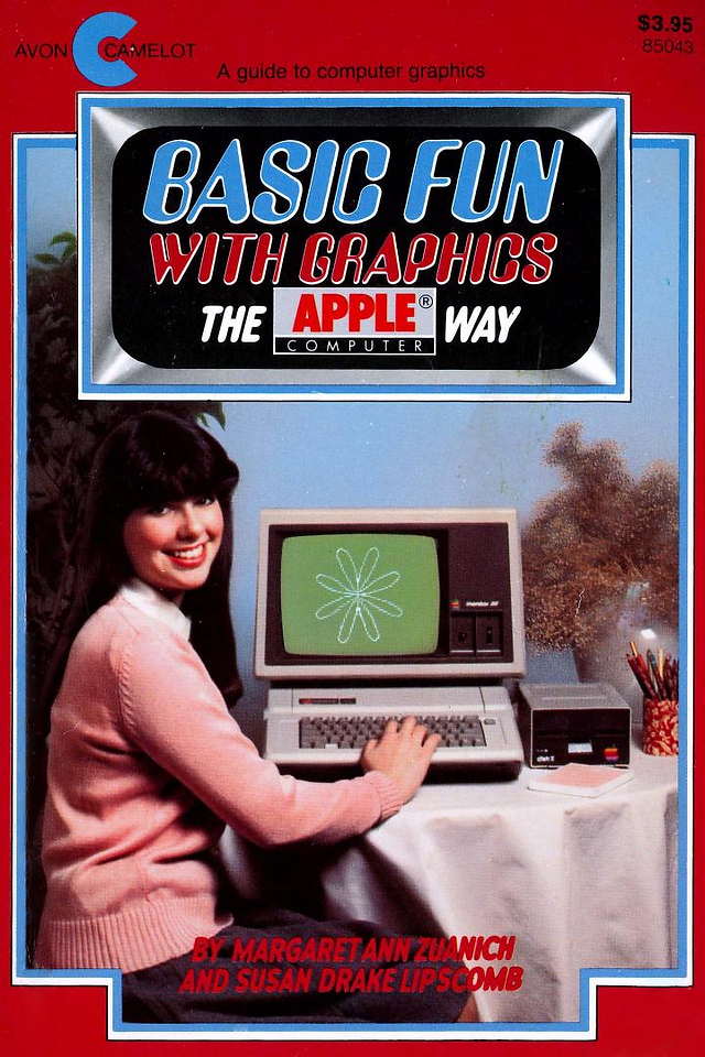 Cover for "BASIC Fun with Graphics: The Apple Computer Way" featuring the title in stylized blue and red letters, above a photo of a child operating an Apple II computer.