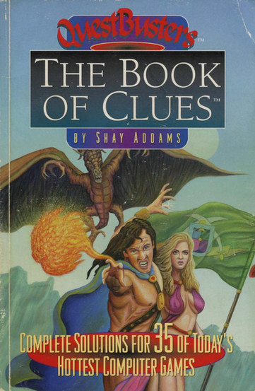 Book cover for "QuestBusters: The Book of Clues" featuring the red QuestBusters logo and the title in large white letters, above an image of a caped wizard casting a fireball spell, standing next to a woman with a green flag, as a dragon attacks them from behind. Additional text reads "Complete solutions for 35 of today's hottest computer games!"