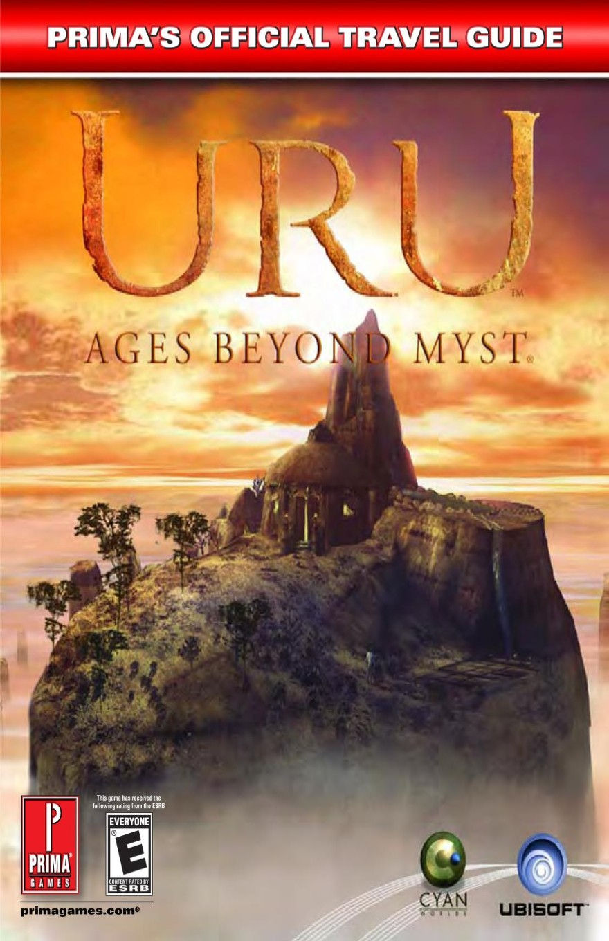 Book cover for the Prima Games' Official Strategy Guide for "Uru: Ages Beyond Myst" featuring the title in gold text, over an image of a the age of Relto. The text at the top refers to this as "Prima's Official Travel Guide."