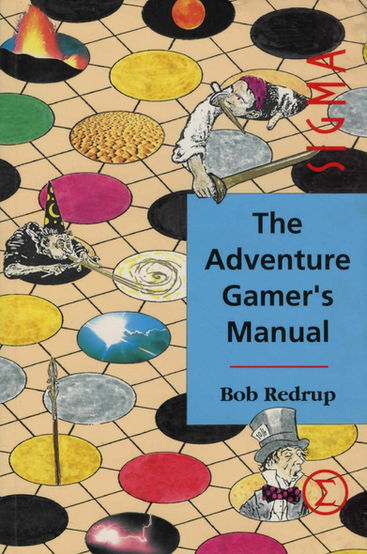Cover for "The Adventure Gamer's Manual" features the title in black text on a blue background, over an image if a grid of connected circles of different colors, some with characters climbing out of them.