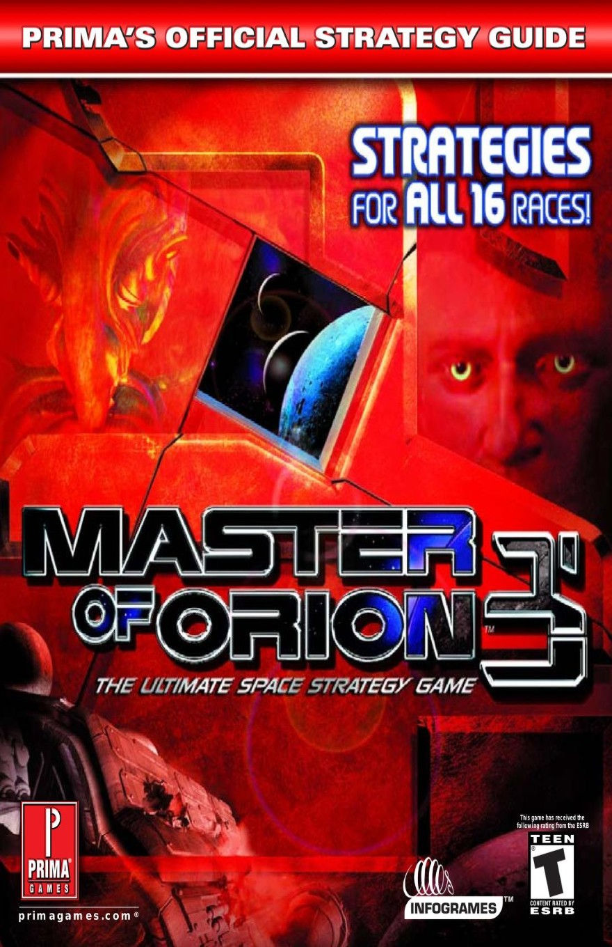Book cover for the Prima Games' Official Strategy Guide for "Master of Orion III" featuring the title and logo in large stylized blue letters, over the cover of the game box art, featuring a large red wall with a small window, through which several planets can be seen.