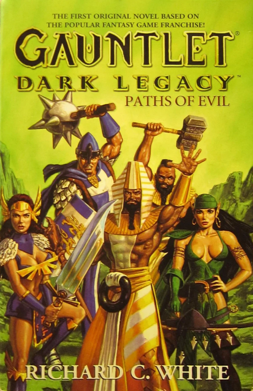 Cover for "Gauntlet: Dark Legacy—Paths of Evil" featuring the title in large stylized lettersover an image of the adventuring party from the story.