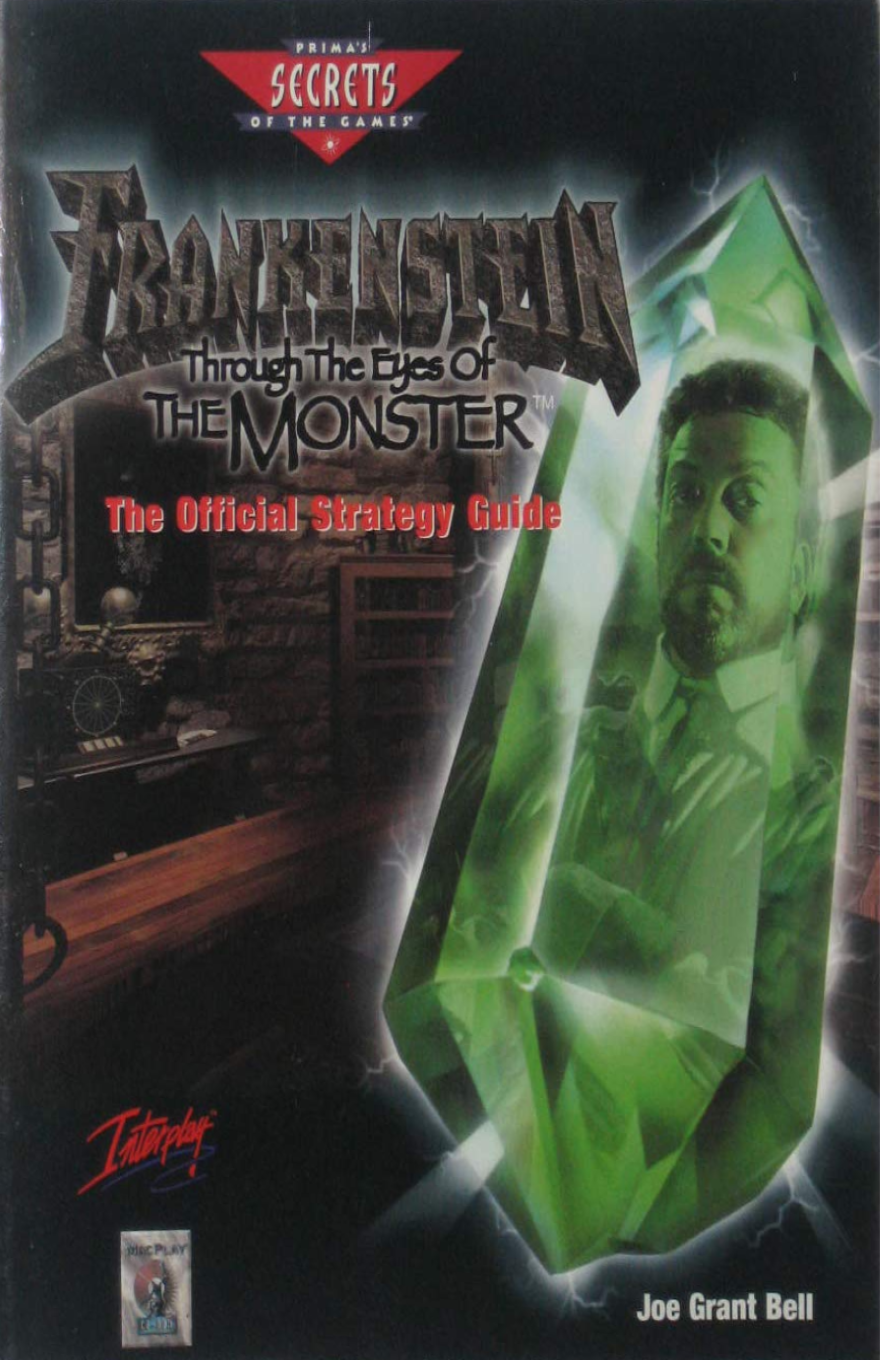 Cover for "Frankenstein: Through the Eyes of a Monster" featuring the title in stylized letters, above an image of of the cover of the game, featuring Tim Curry, in his role as Dr. Frankenstein, seen in a glowing green gem.