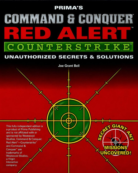 Cover for Prima's "Command & Conquer Red Alert: Counterstrike — Unauthorized Secrets & Solutions" Featuring the title large stylized letters, above an image of a green and yellow targeting reticle over a red background.