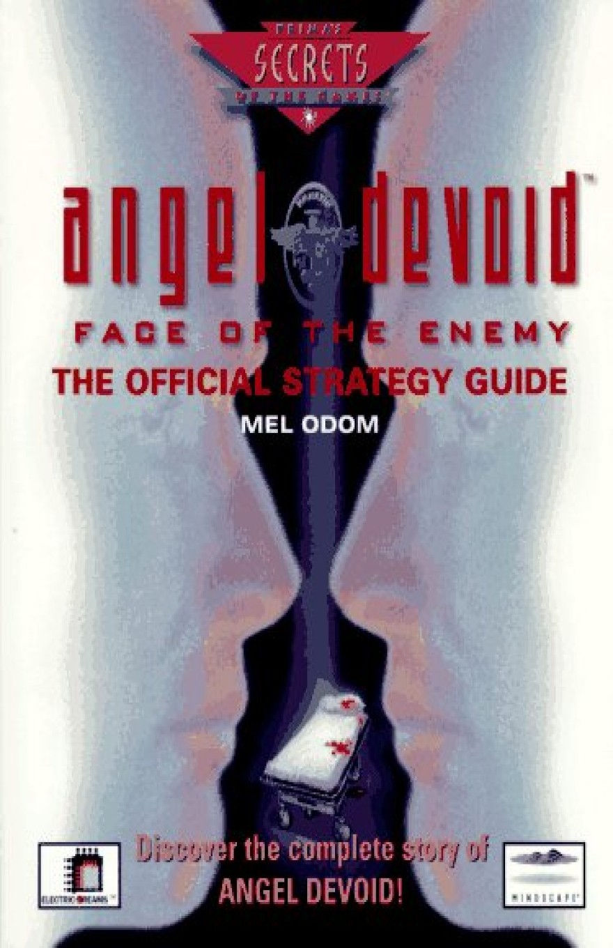 Book cover for the Prima Games' Official Strategy Guide for "Angel Devoid" featuring the title in large red letters, over a background image of a close up of two large faces, rendered in bright white, facing each other. In the space between their faces, a hospital bed is visible, with bloodstains on it.