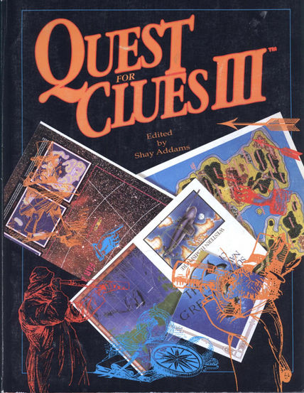 Book cover for "Quest for Clues III," featuring the title in large orange letters over a black background, above images of several maps, and drawings of explorers.
