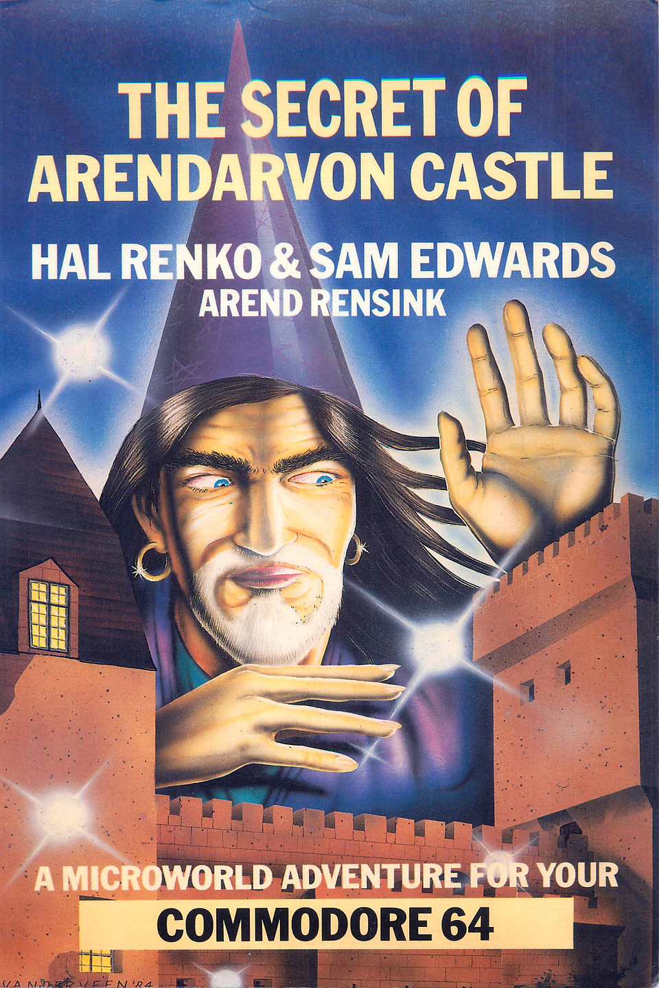 Cover of the book "The Secret of Arendarvon Castle," featuring the title in large block letters above an image of a large wizard, standing enormous over a castle. Text below reads "A Microworld Adventure for your Commodore 64"