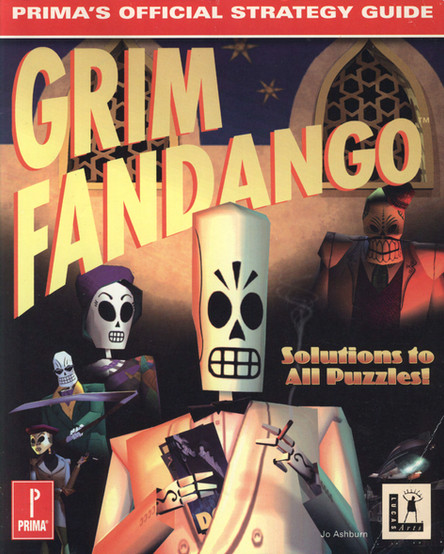 Book cover for the Prima Games' Official Strategy Guide for "Grim Fandango" featuring the title in yellow block letters, over a picture of several characters from the game, including Manny Calavera, Mercedes Colomar, Hector LeMans, Olivia Ofrenda, and Domino Hurley. Additional text reads "Solutions to All Puzzles!"