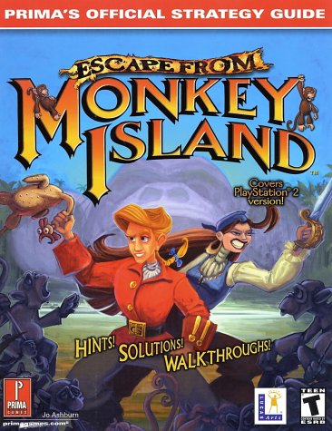 Book cover for the Playstation 2 version of Prima Games' Official Strategy Guide for "Escape from Monkey Island" featuring the title in yellow and orange letters, over a picture of Guybrush Threepwood holding a chicken, and Elaine Marley-Threepwood holding a sword, fighting off several monkeys.