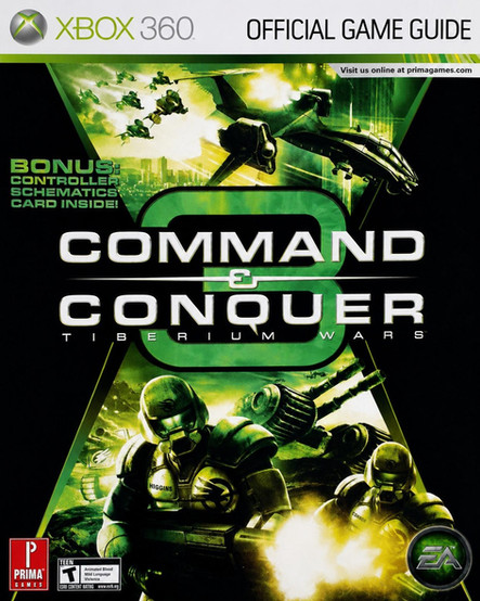 Cover for the Prima Strategy Guide for "Command & Conquer 3: Tiberium Wars," featuring the stylized title logo in the center, beneath an image of air units in flight, and above images of armored soldiers, all in shades of green on black. At the top is a white bar reading "XBox 360 Official Game Guide"