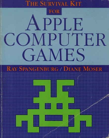 Book cover for "The Survival Kit for Apple Computer Games" features the title in large blue letters on a cyan background, over an image of a green low-resolution sprite of a monster.