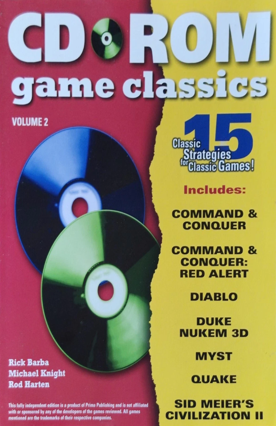Book cover for "CD-ROM Game Classics Volume 2" featuring the title in large white letters, an image of two CD-ROM discs, and the text "15 Classic Strategies for Classic Games! Includes: Command & Conquer, Command & Conquer: Red Alert, Diablo, Duke Nukem 3D, Myst, Quake, Sid Meier's Civilization II."