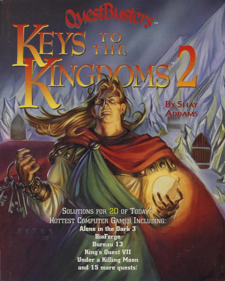 Book cover for "QuestBusters: Keys to the Kingdoms 2" featuring the red QuestBusters logo and the title in large orange letters, above an image of a man in a tunic and cape, with a large keyring in one hand, and a glowing orb in another, in front of the entrance to an icy cavern. Additional text reads "Solutions for 20 of Today's Hottest Computer Games, Including: Alone in the Dark 3, BioForge, Bureau 13, King's Quest VII, Under a Killing Moon, and 15 more quests!"