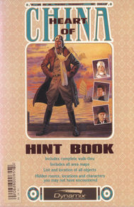 Book cover for "Heart of China" Hint Book featuring the title written in red and grey letters, on an orange textured background. A picture of the game's protagonist, Jake Masters, in pilot's gear at the edge of the sea, with photos of other game characters on the right-hand side. Text at the bottom reads: "Includes complete walk-thru. Includes all area maps. List and location of all objects. Hidden rooms, locations and characters you may not have encountered."