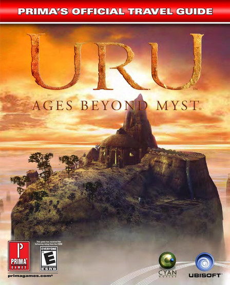 Book cover for the Prima Games' Official Strategy Guide for "Uru: Ages Beyond Myst" featuring the title in gold text, over an image of a the age of Relto. The text at the top refers to this as "Prima's Official Travel Guide."