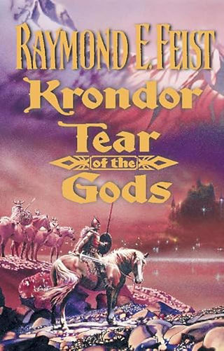 Cover for "Krondor: Tear of the Gods" by Raymond E. Feist, featuring the Title in stylized letters over an image of men on horses, wearing horned helmets, looking out over the sea.