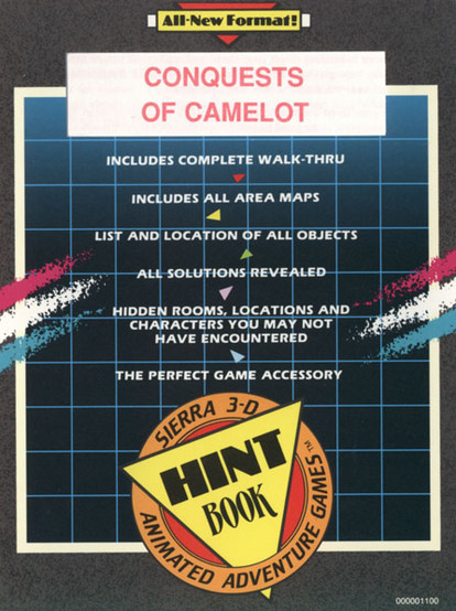 Book cover for "Conquests of Camelot" Hint Book featuring a blue grid background with text listing complete walk thru, area maps, object locations, solutions revealed, and hidden rooms and characters. A Sierra 3 D Animated Adventure Games hint book badge appears at the bottom, highlighting it as the perfect game accessory.