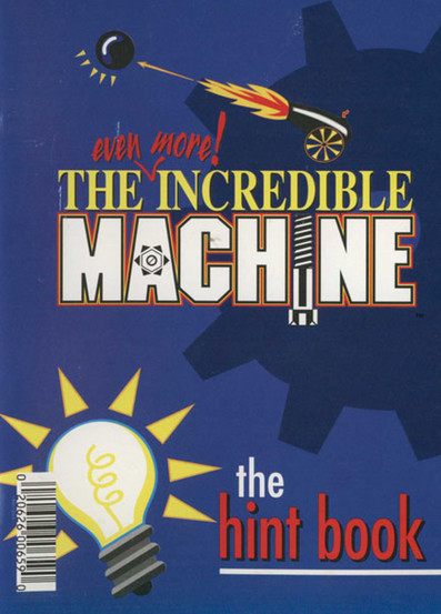 Book cover for "The Even More Incredible Machine" Hint Book featuring the title written in large block letters over a dark blue background. There are also images of a screw, a gear, a lightbulb, and a cannon.