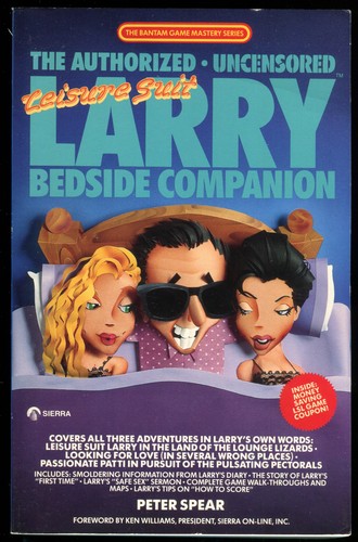 Book Cover for "The Leisure Suit Larry Bedside Companion" (First Edition) features the title in blue letters, over an image of Larry Laffer in bed with two women.