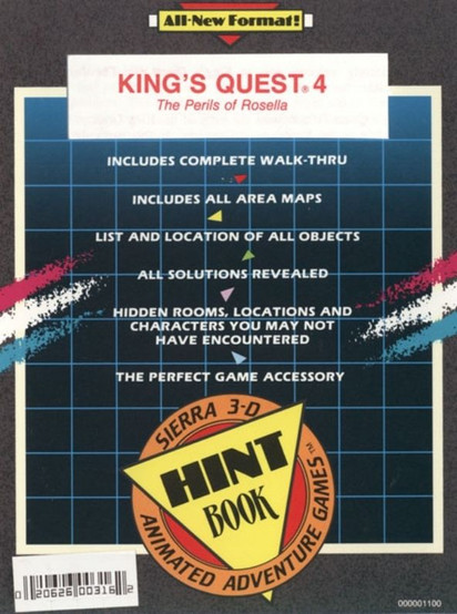 Book cover for "King's Quest 4: The Perils of Rosella" Hint Book featuring a blue grid background with text listing complete walk thru, area maps, object locations, solutions revealed, and hidden rooms and characters. A Sierra 3 D Animated Adventure Games hint book badge appears at the bottom, highlighting it as the perfect game accessory.