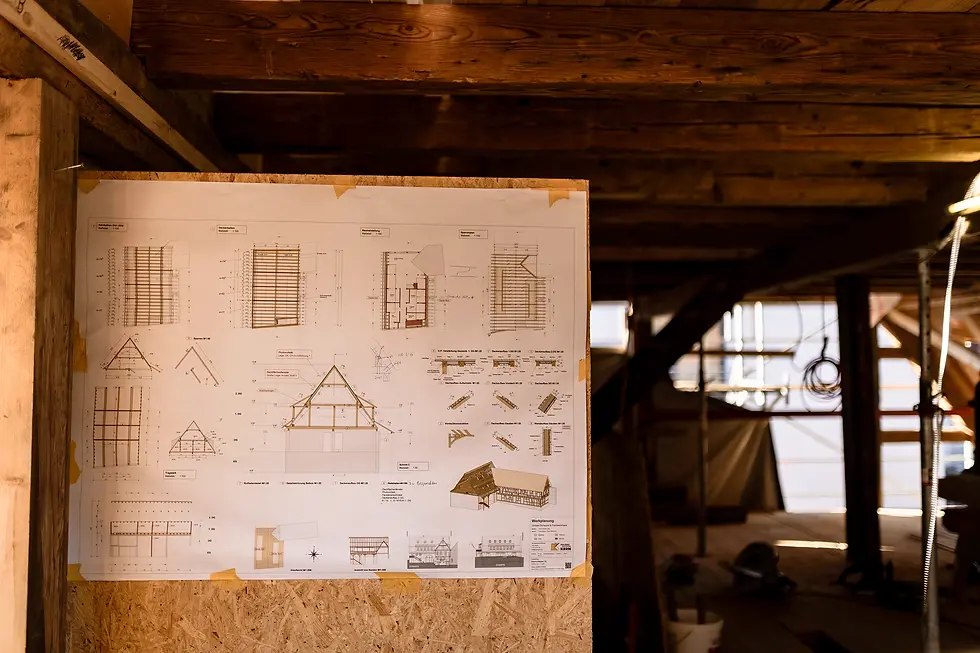 Werkplanung Plan aufgehaengt auf dem Bau