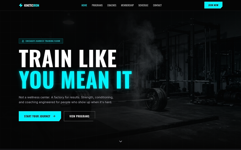 Dark gym hero image with bold cyan headline text 'TRAIN LIKE YOU MEAN IT', barbell on the floor, moody lighting, landscape