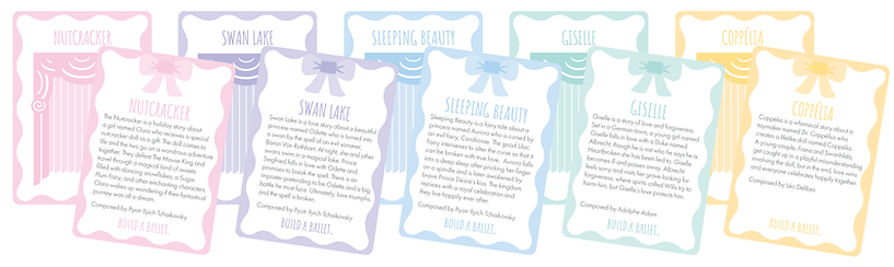 All of the ballets and summaries for children's card game Build A Ballet
