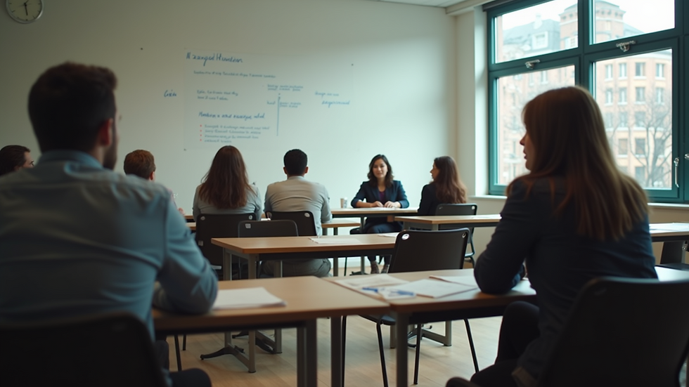 Eye-level view of a classroom setting with students engaged in a group discussion