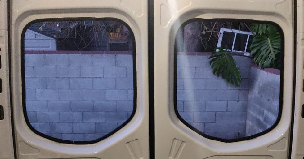 rear cargo doors with window cutouts and trim applied photographed from the inside out