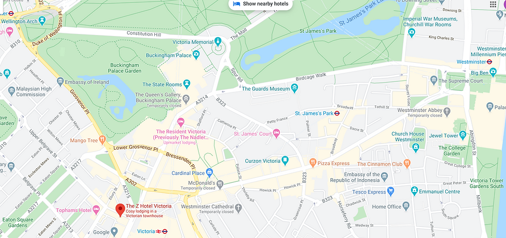 A map of central London with the Z Hotel Victoria just blocks from the Victoria Coach, Tube, and Train Stations, as well as Buckingham Palace and all of London's central parks