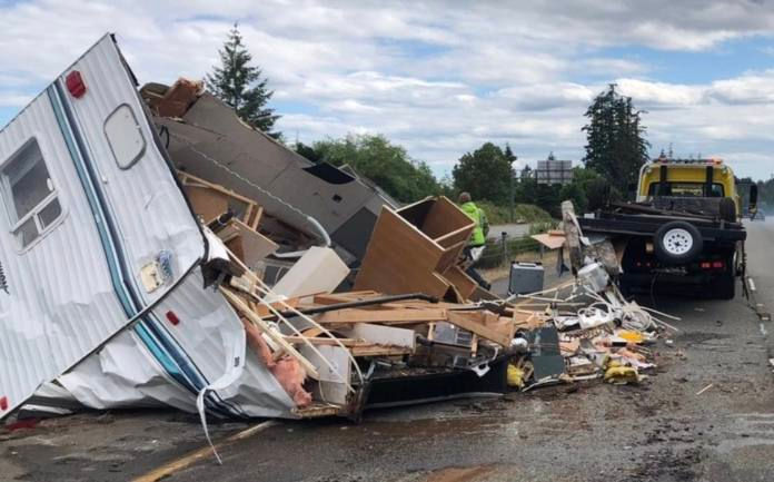An overturned, completely destroyed RV, courtesy of www.rvtravel.com
