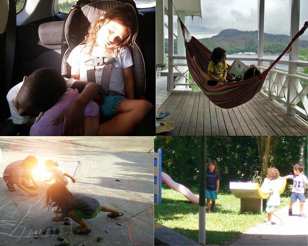 Dante with his closest friends in Trinidad. Sleeping with Tiago on a long road trip, getting a book read to him in a hammock on a "Down the Islands" trip, drawing with chalk in our shared front driveway with Sabrina and Liam, and playing at the incredible Giving Tree Montessori with his friends.