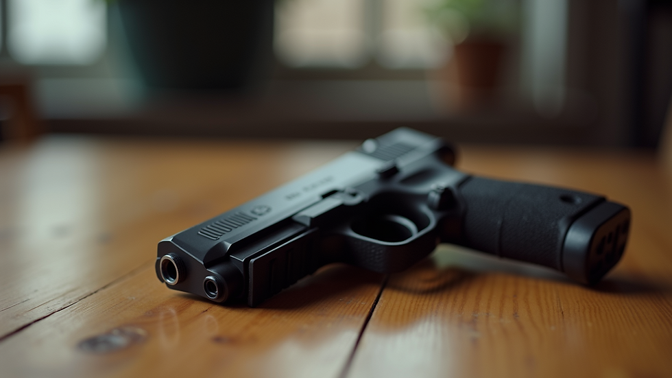 Close-up view of a handgun resting on a wooden table