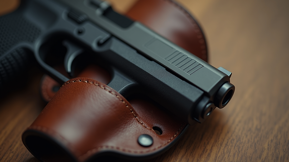Close-up view of a compact pistol in a leather holster