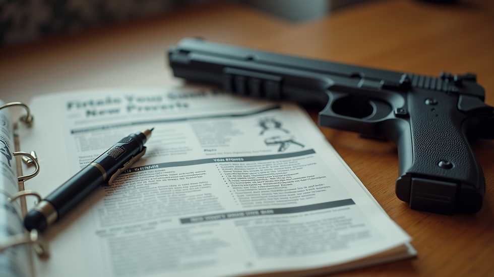 High angle view of a firearm safety manual and training materials on a table