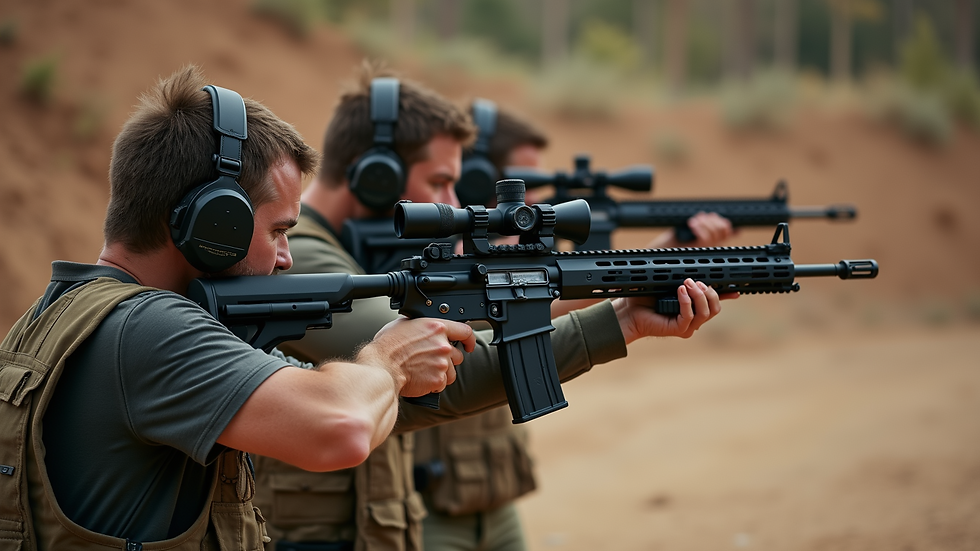 High angle view of a firearm safety training class with participants practicing