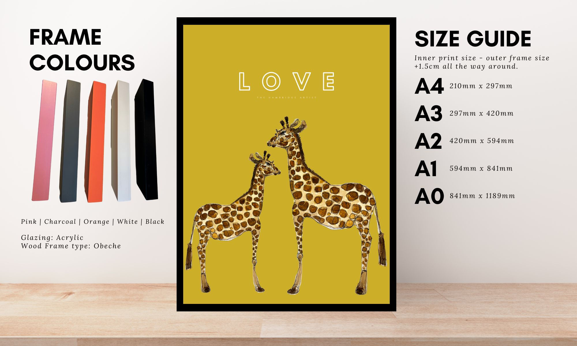 GIRAFFE LOVE MUSTARD ART PRINT - CHOOSE FRAME COLOUR
