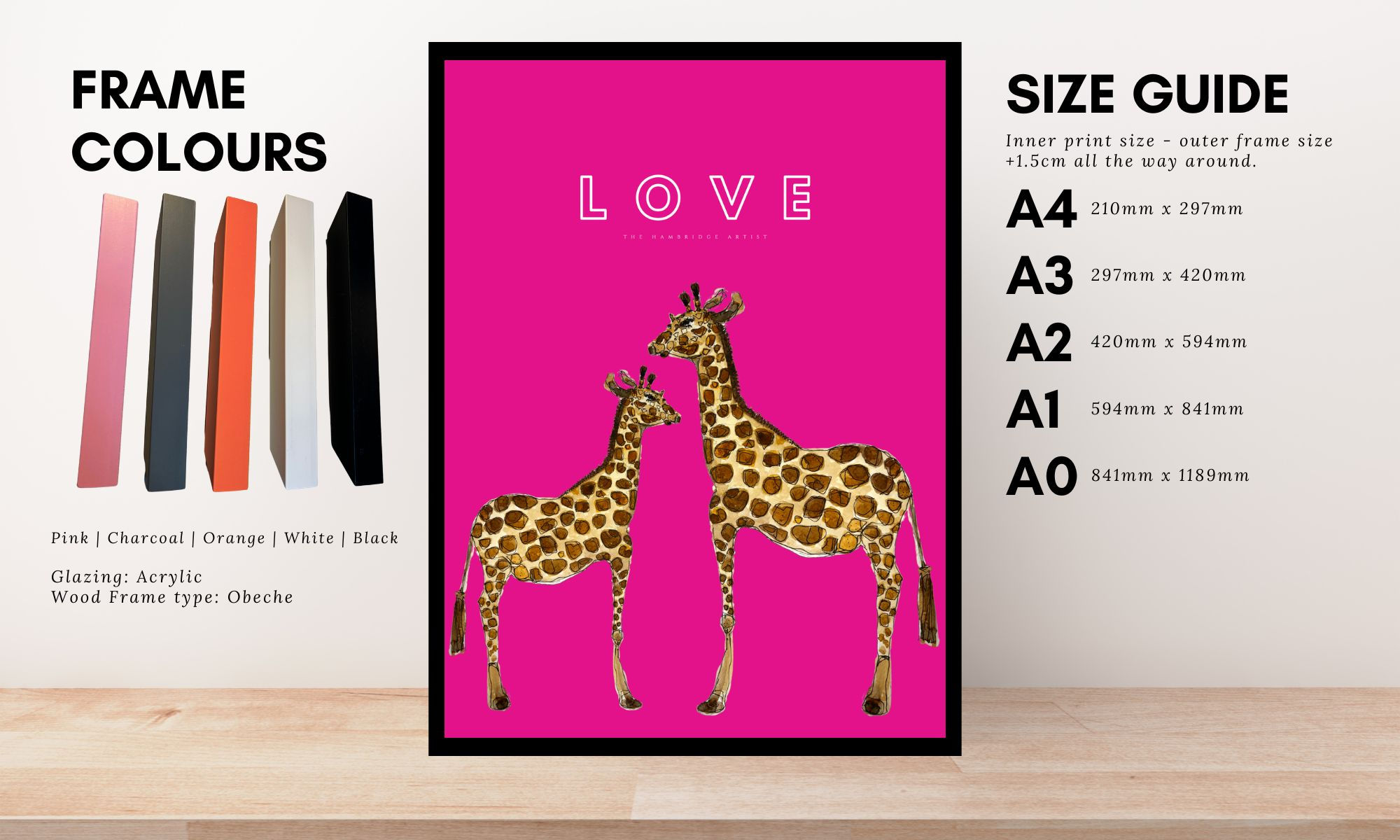 GIRAFFE LOVE COLOUR POP ART PRINT - CHOOSE FRAME COLOUR