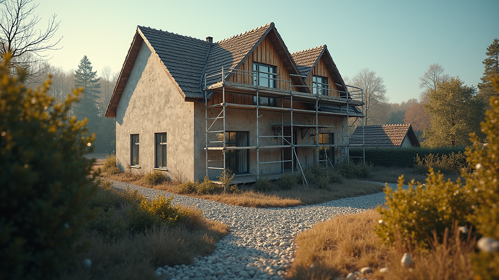 High angle view of a house under renovation with scaffolding