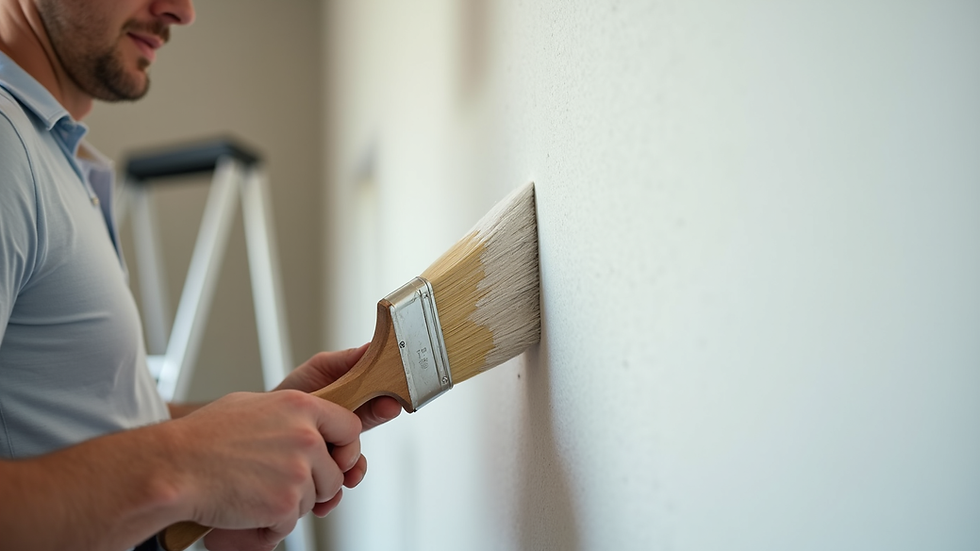 Close-up view of painter applying primer to wall with brush