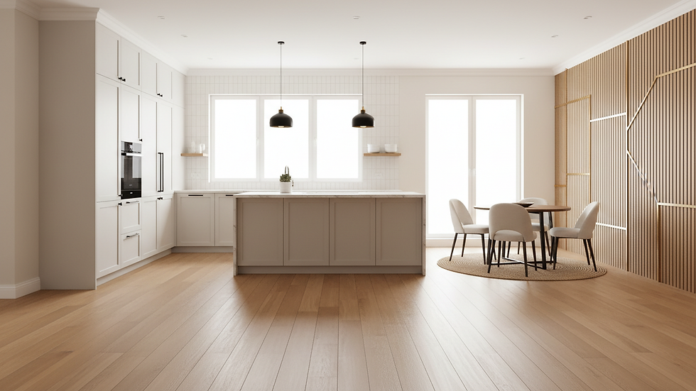 Eye-level view of newly installed hardwood floor in a modern kitchen