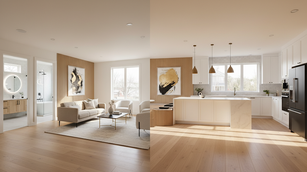 Wide angle view of a spacious living room with new hardwood floors and recessed lighting