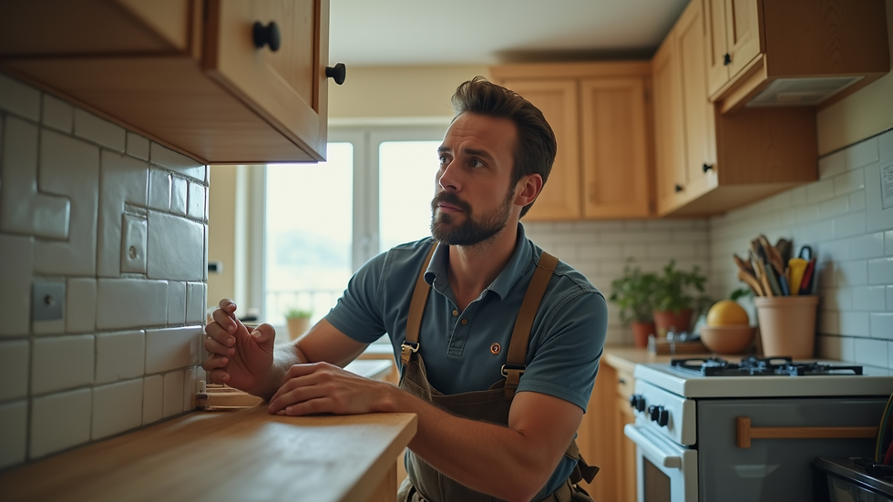 Eye-level view of a handyman fixing a kitchen cabinet